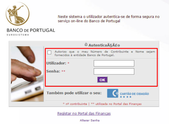 login no banco de portugal