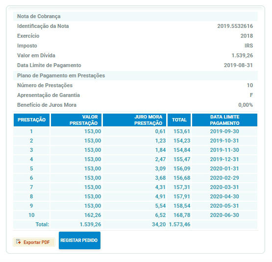 5º Passo: Clique em Registar Pedido e exporte o plano de pagamentos em pdf. Clique em Registar Pedido